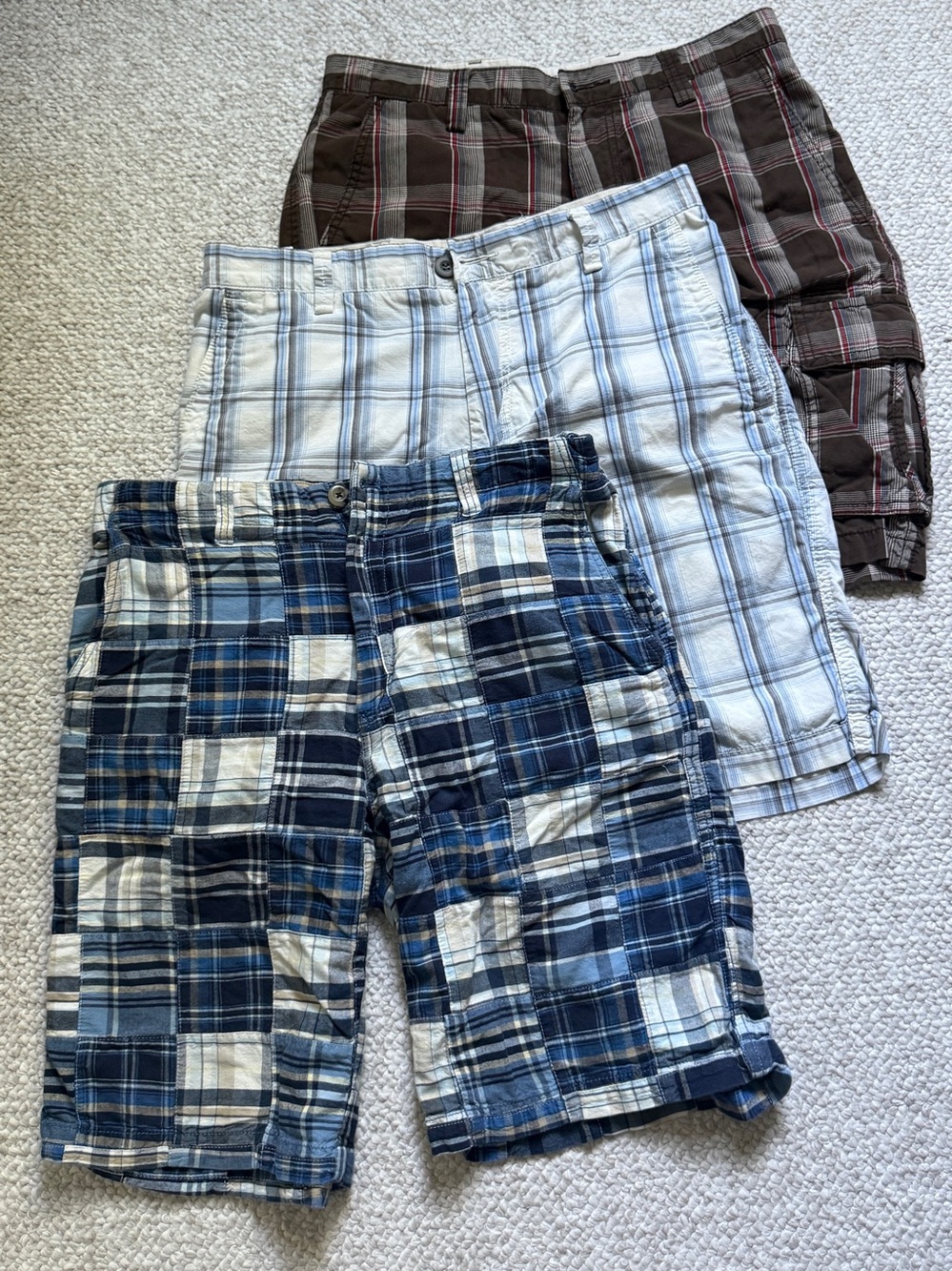 Men's Madras & Cargo Shorts - Blue/White, Light Blue/White, Brown/Red
